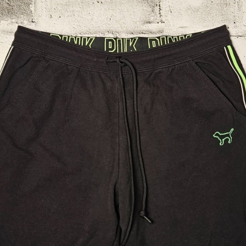 Victoria’s Secret PINK Black Joggers Green Stripe Y2K Athleisure - Size M - Picture 3 of 6